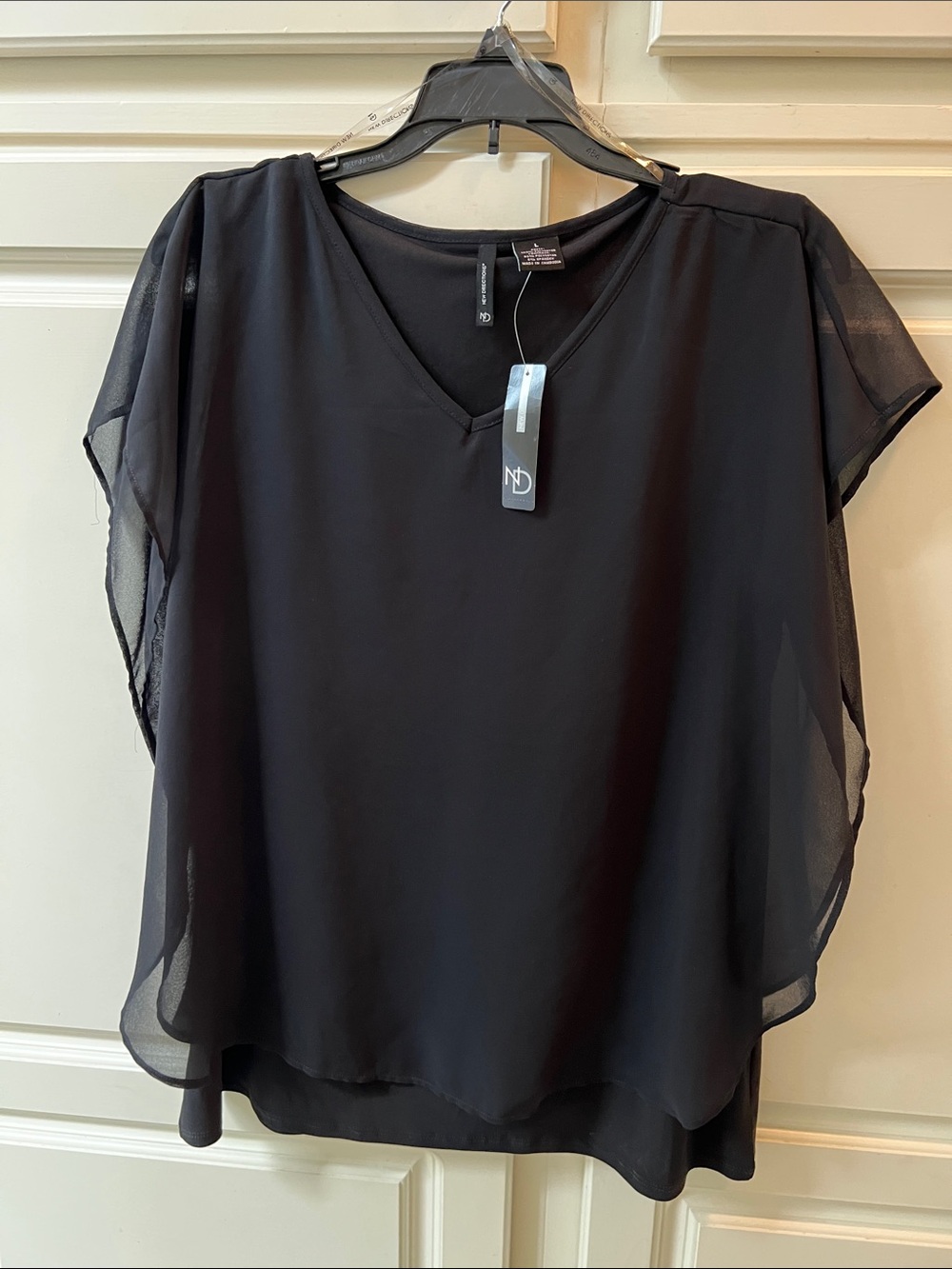 NWT. new directions Black V-Neck Sheer Layered Blouse